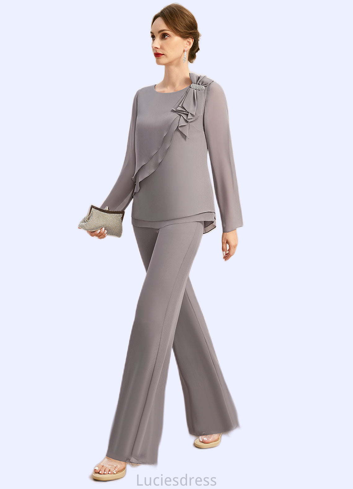 Jaelynn Jumpsuit/Pantsuit Separates Scoop Floor-Length Chiffon Mother of the Bride Dress With Bow HFP0021808