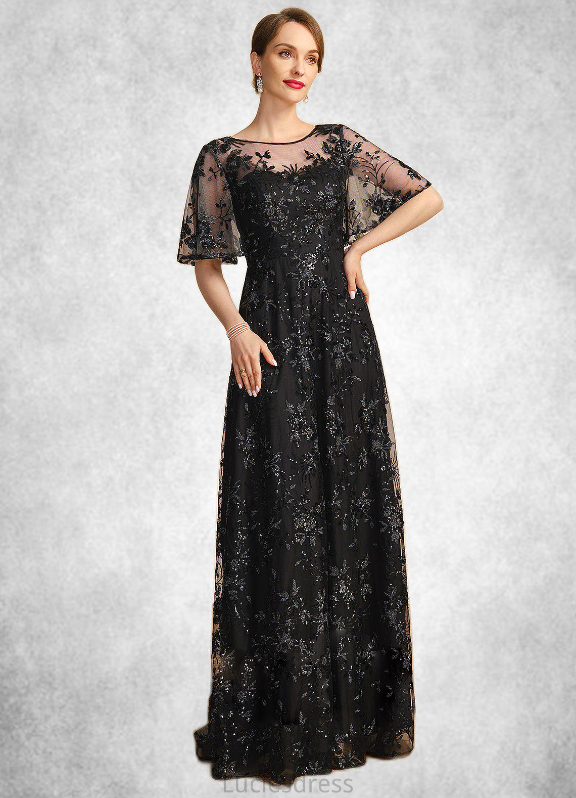 Kaylee A-line Scoop Illusion Floor-Length Lace Sequin Mother of the Bride Dress HFP0021815