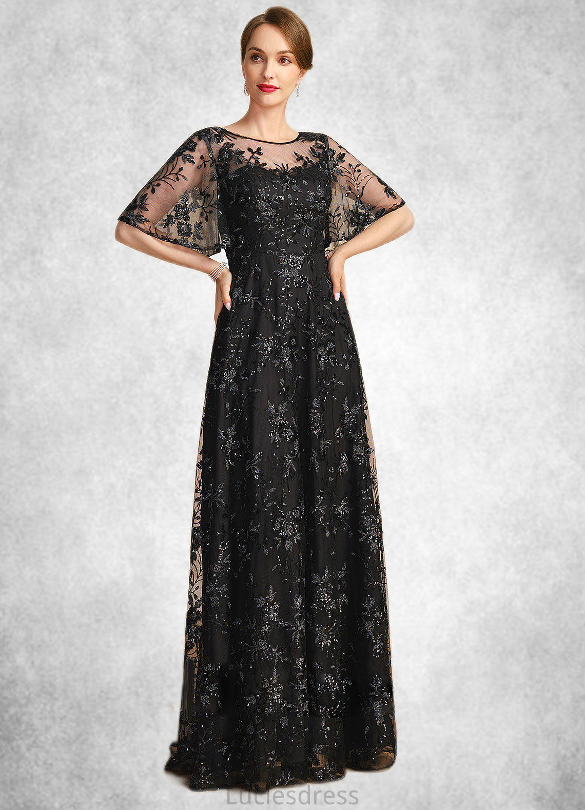 Kaylee A-line Scoop Illusion Floor-Length Lace Sequin Mother of the Bride Dress HFP0021815