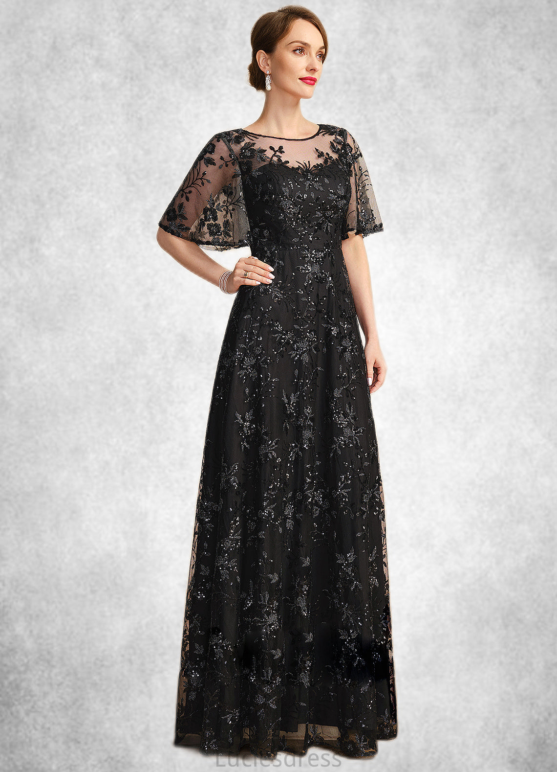 Kaylee A-line Scoop Illusion Floor-Length Lace Sequin Mother of the Bride Dress HFP0021815