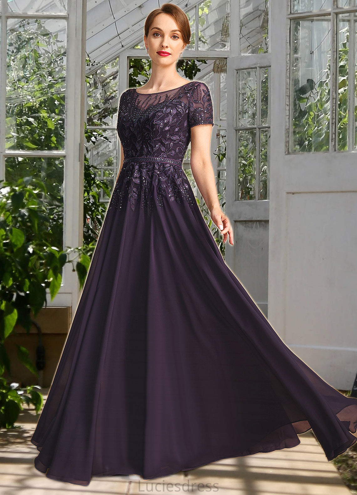 Paisley A-line Scoop Illusion Floor-Length Chiffon Lace Mother of the Bride Dress With Sequins HFP0021828