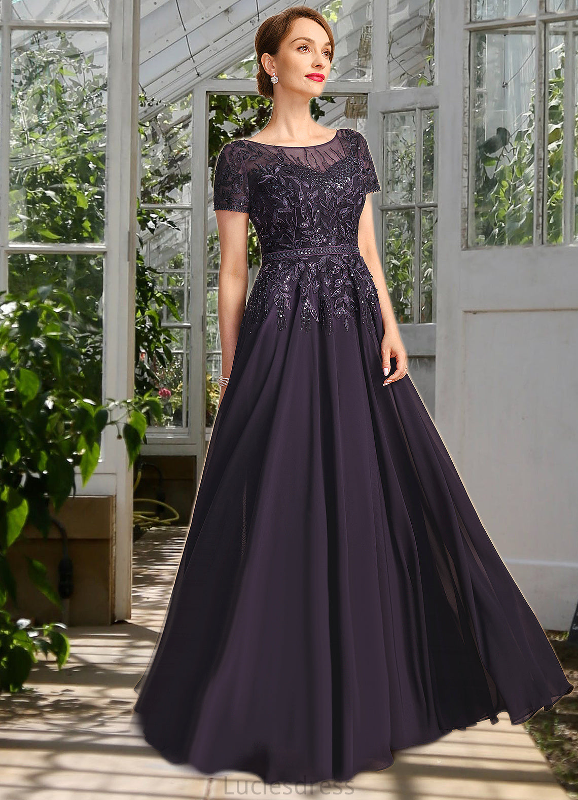 Paisley A-line Scoop Illusion Floor-Length Chiffon Lace Mother of the Bride Dress With Sequins HFP0021828