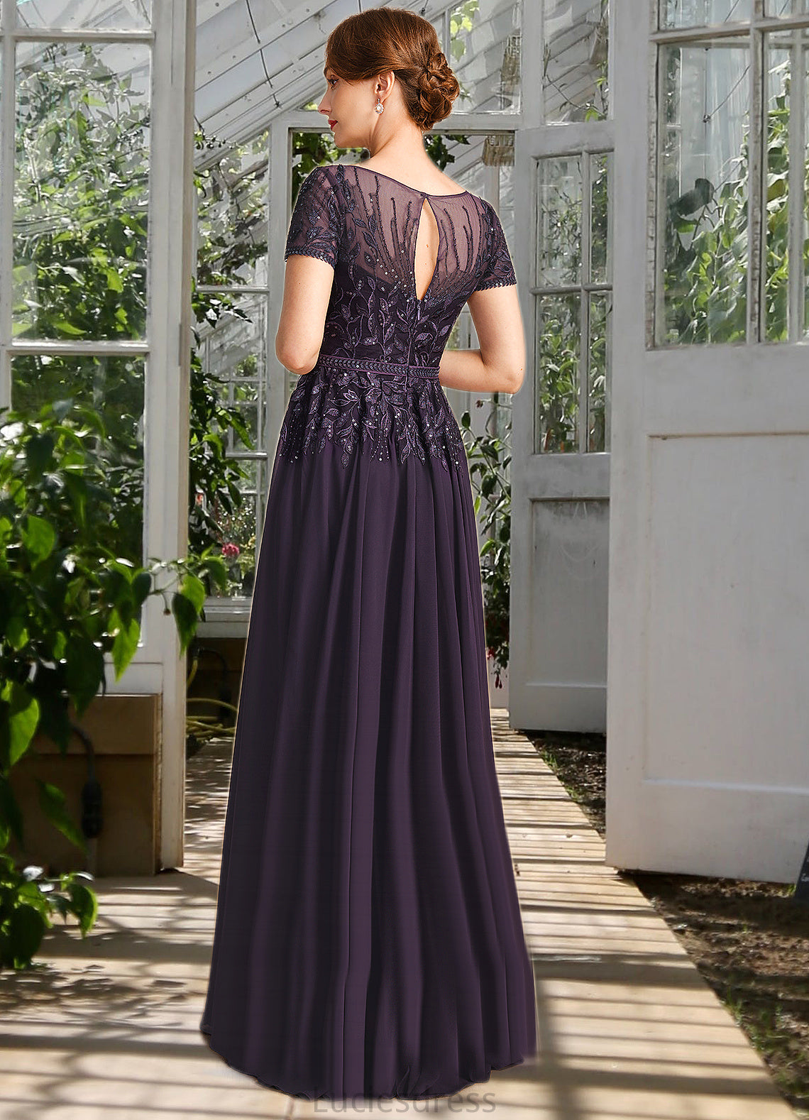 Paisley A-line Scoop Illusion Floor-Length Chiffon Lace Mother of the Bride Dress With Sequins HFP0021828