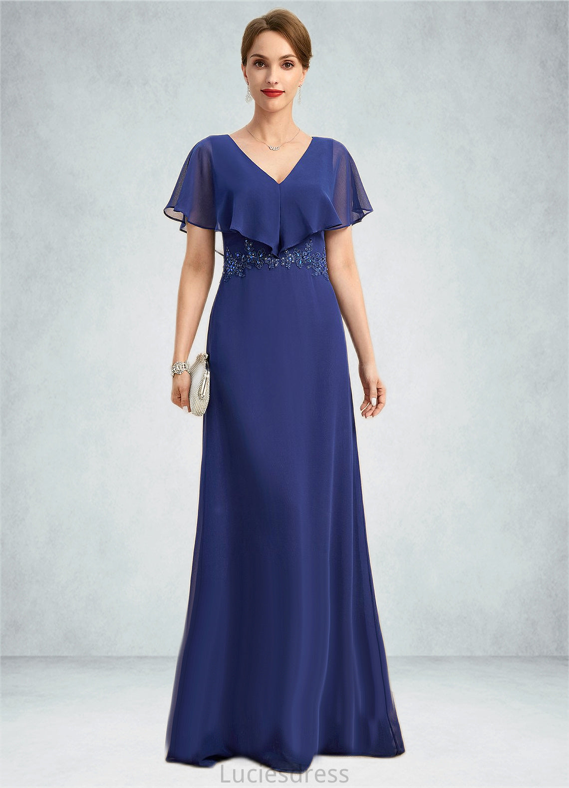 Hailey A-line V-Neck Floor-Length Chiffon Mother of the Bride Dress With Beading Appliques Lace Sequins HFP0021829