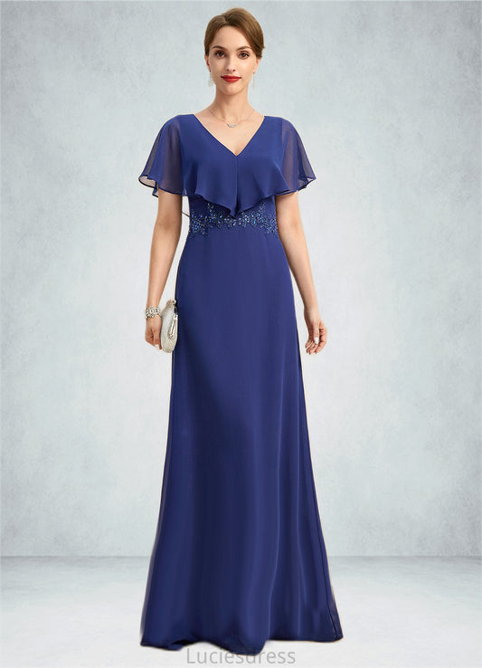 Hailey A-line V-Neck Floor-Length Chiffon Mother of the Bride Dress With Beading Appliques Lace Sequins HFP0021829