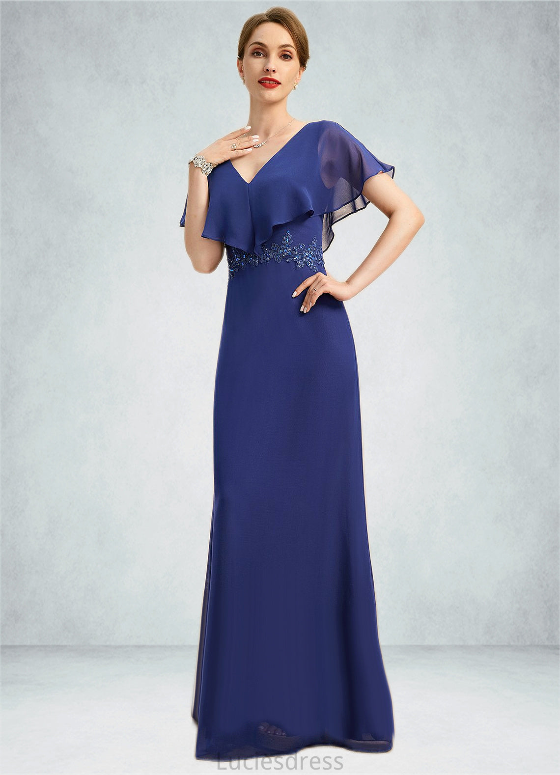 Hailey A-line V-Neck Floor-Length Chiffon Mother of the Bride Dress With Beading Appliques Lace Sequins HFP0021829