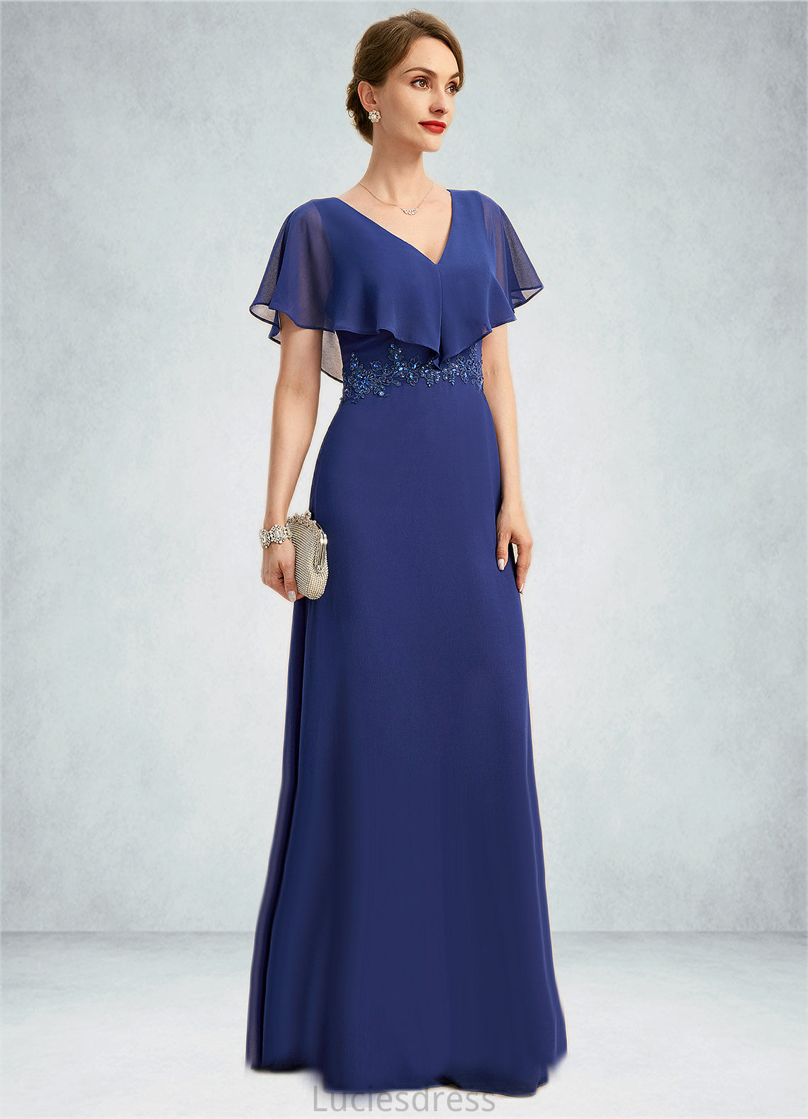 Hailey A-line V-Neck Floor-Length Chiffon Mother of the Bride Dress With Beading Appliques Lace Sequins HFP0021829