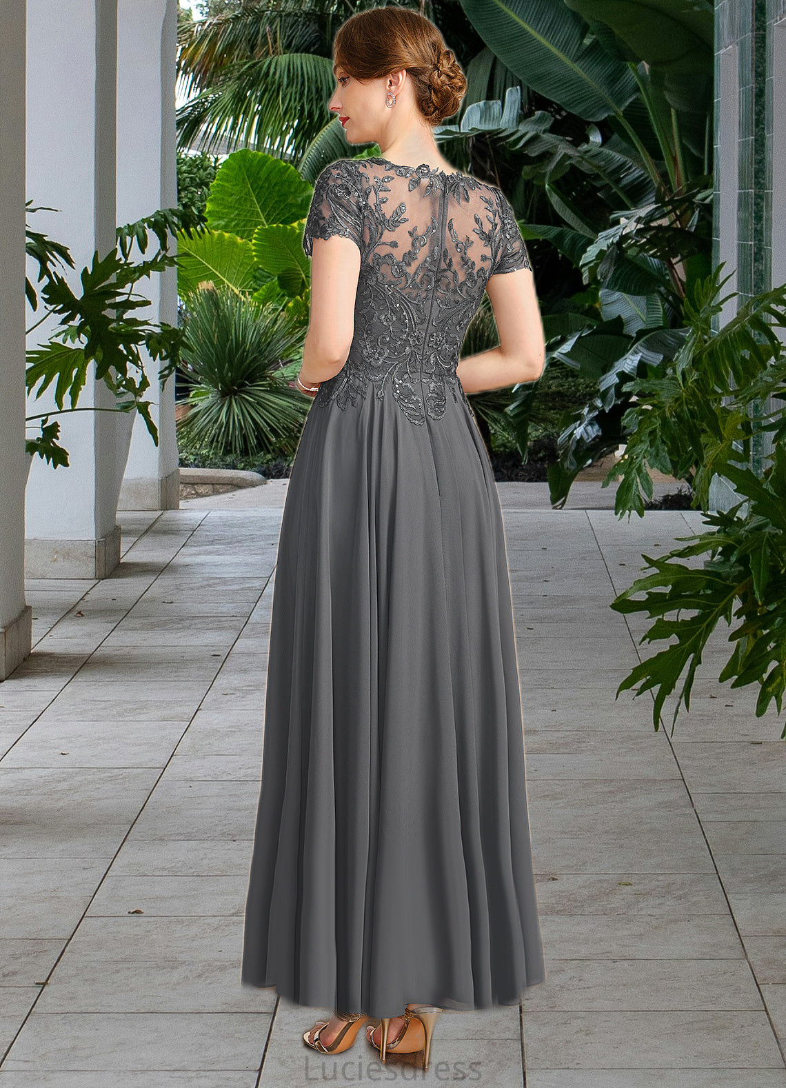 Emilia A-line V-Neck Illusion Ankle-Length Chiffon Lace Mother of the Bride Dress With Sequins HFP0021830