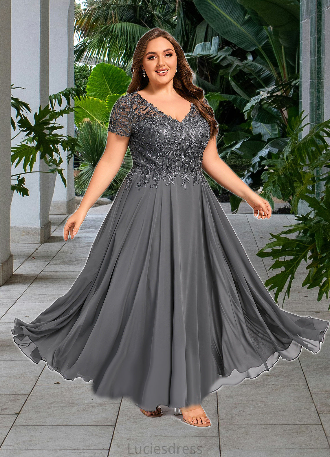 Emilia A-line V-Neck Illusion Ankle-Length Chiffon Lace Mother of the Bride Dress With Sequins HFP0021830