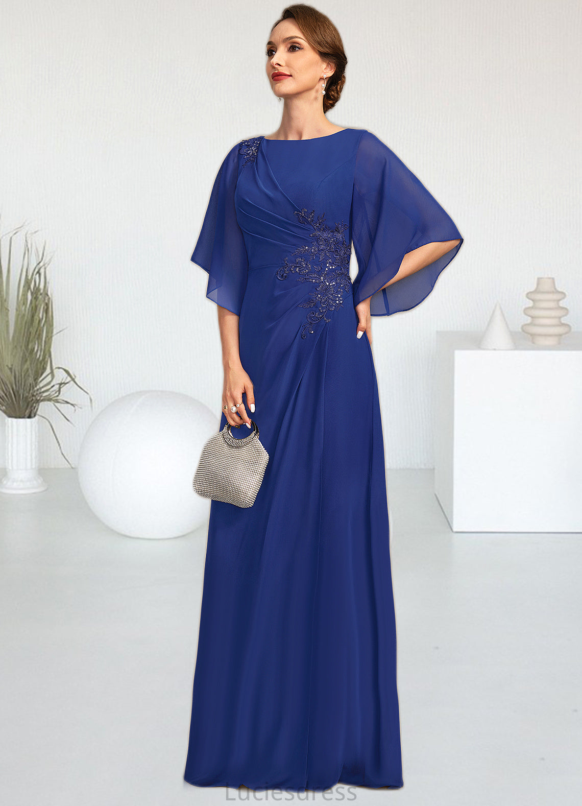 Jade A-line Scoop Floor-Length Chiffon Mother of the Bride Dress With Pleated Appliques Lace Sequins HFP0021831