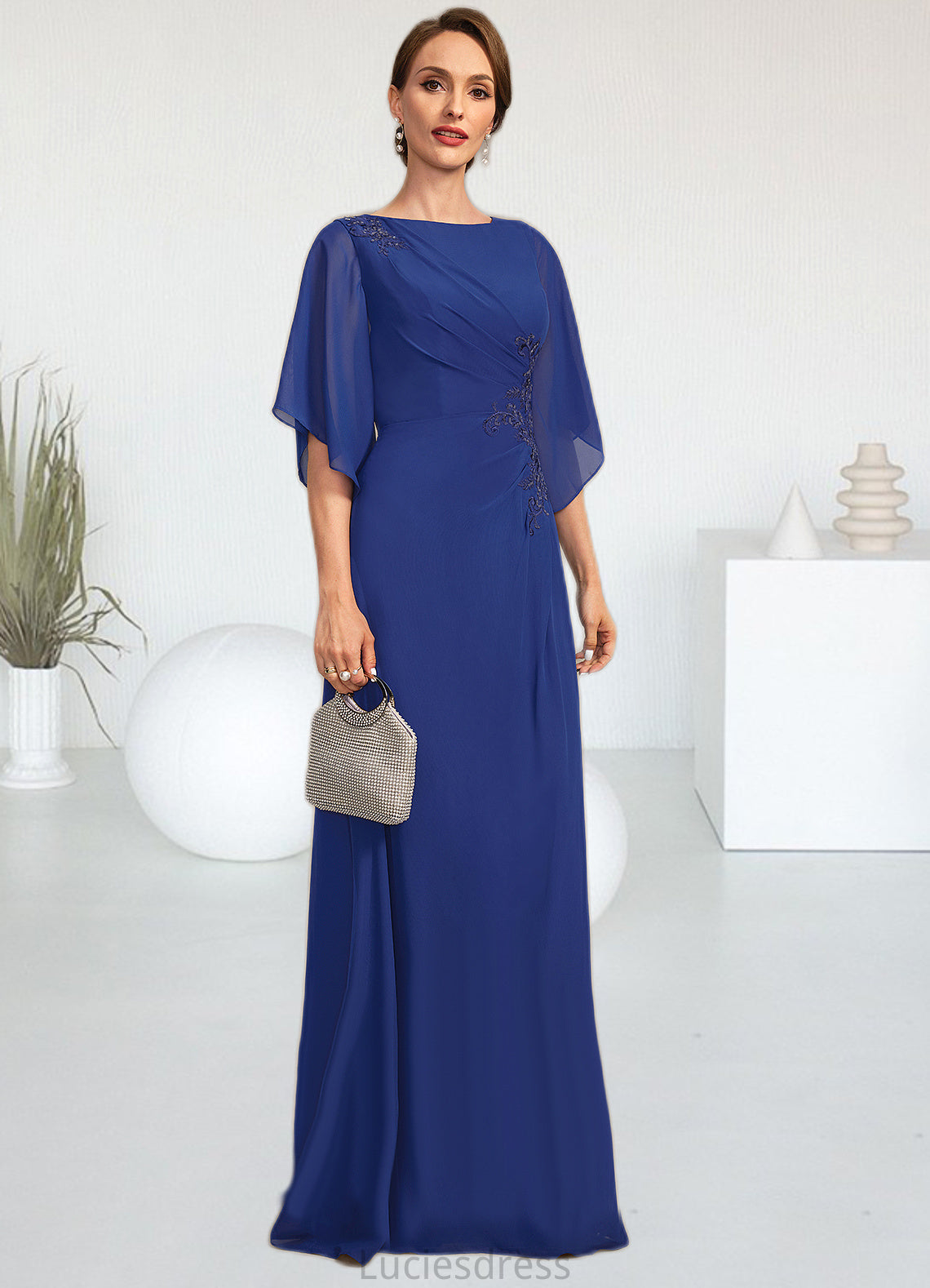 Jade A-line Scoop Floor-Length Chiffon Mother of the Bride Dress With Pleated Appliques Lace Sequins HFP0021831