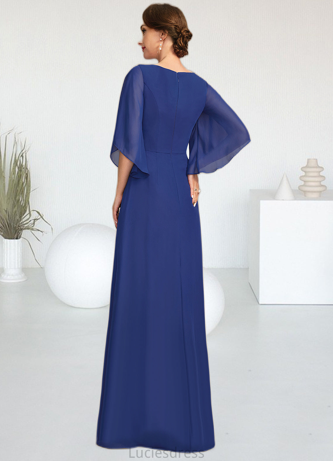 Jade A-line Scoop Floor-Length Chiffon Mother of the Bride Dress With Pleated Appliques Lace Sequins HFP0021831