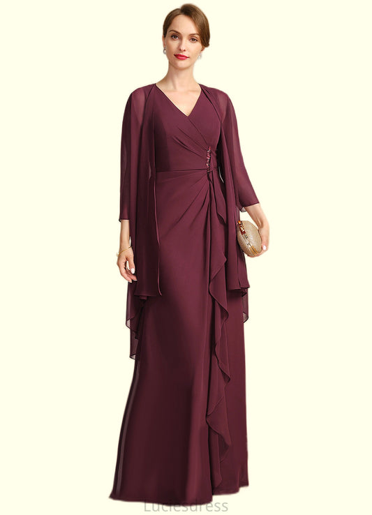 Eliza Sheath/Column V-Neck Floor-Length Chiffon Mother of the Bride Dress With Beading Cascading Ruffles HFP0021835