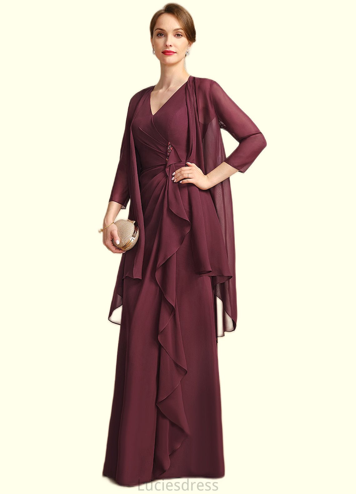 Eliza Sheath/Column V-Neck Floor-Length Chiffon Mother of the Bride Dress With Beading Cascading Ruffles HFP0021835