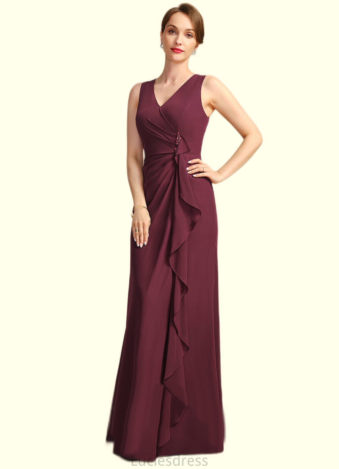 Eliza Sheath/Column V-Neck Floor-Length Chiffon Mother of the Bride Dress With Beading Cascading Ruffles HFP0021835