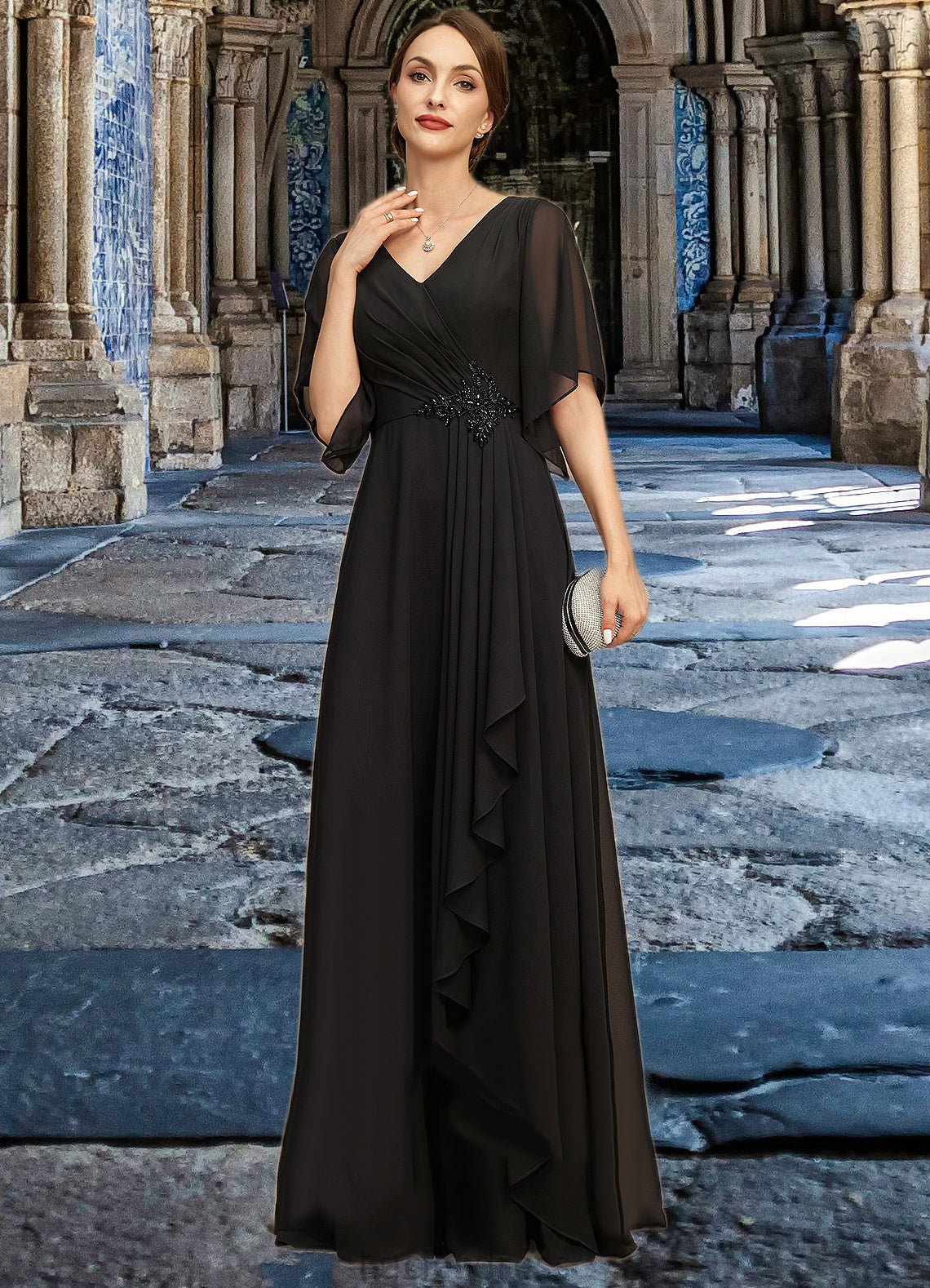 Paisley A-line V-Neck Floor-Length Chiffon Mother of the Bride Dress With Beading Cascading Ruffles Sequins HFP0021836