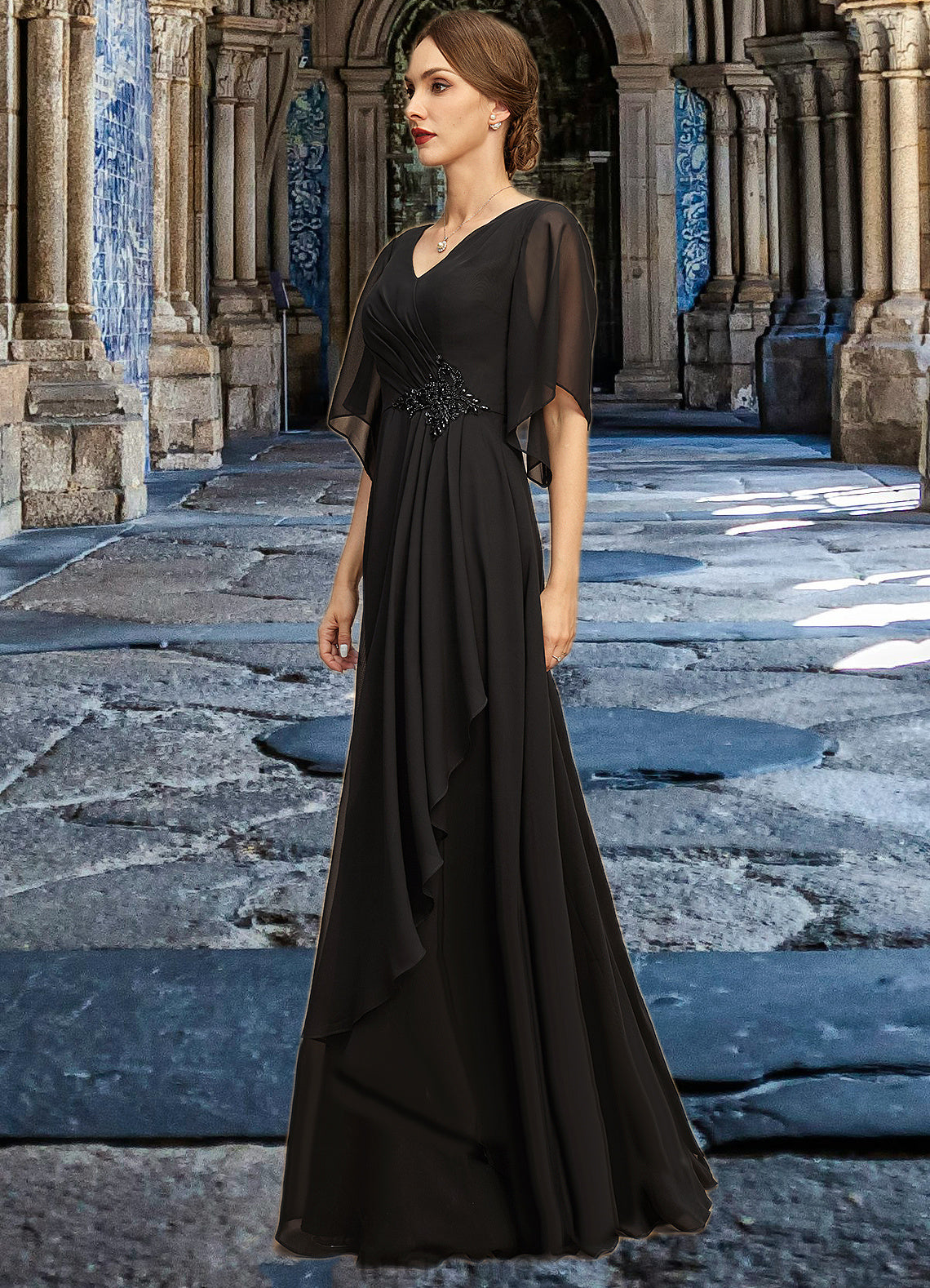 Paisley A-line V-Neck Floor-Length Chiffon Mother of the Bride Dress With Beading Cascading Ruffles Sequins HFP0021836