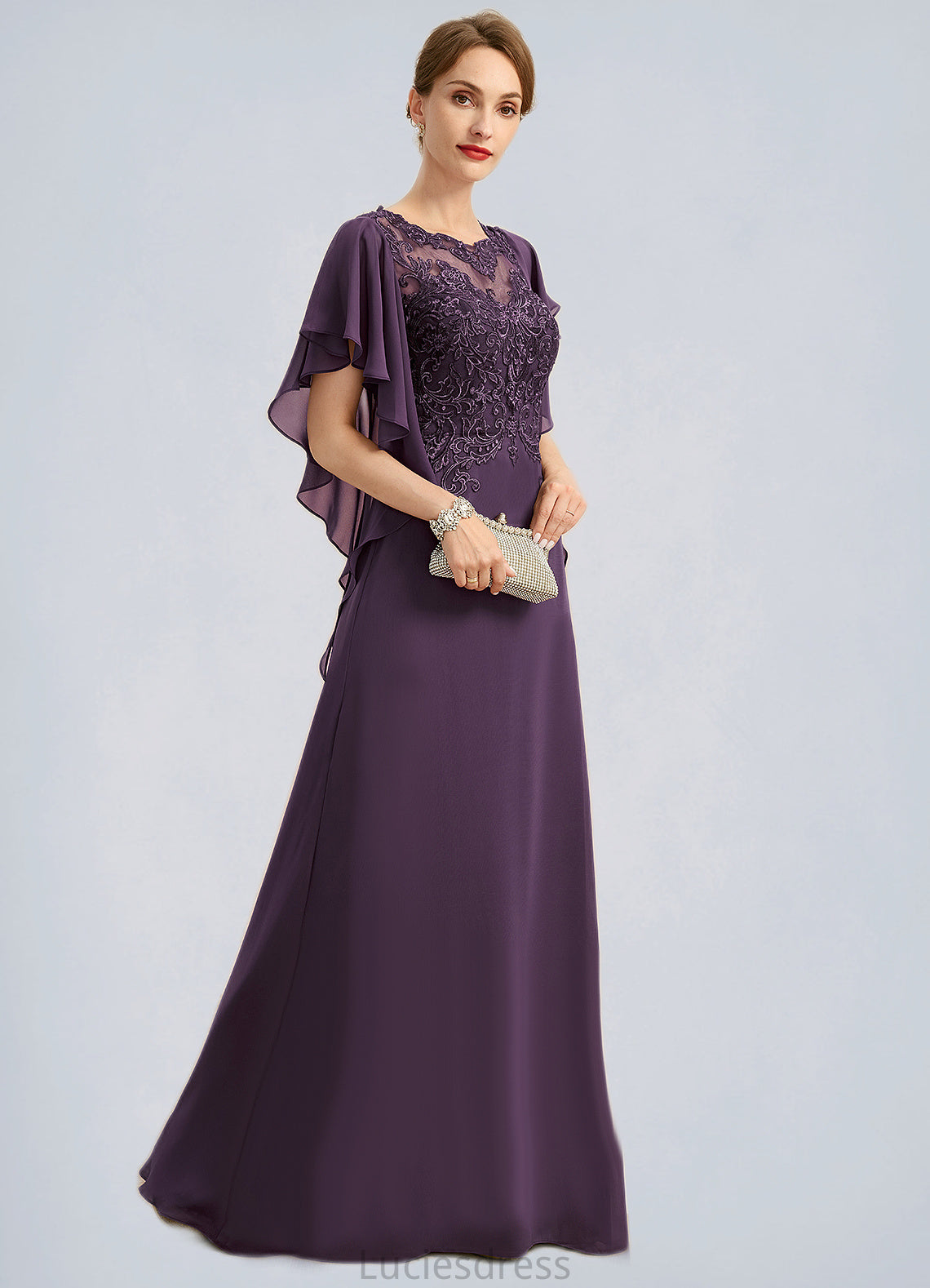 Skyla A-line Scoop Illusion Floor-Length Chiffon Lace Mother of the Bride Dress HFP0021839