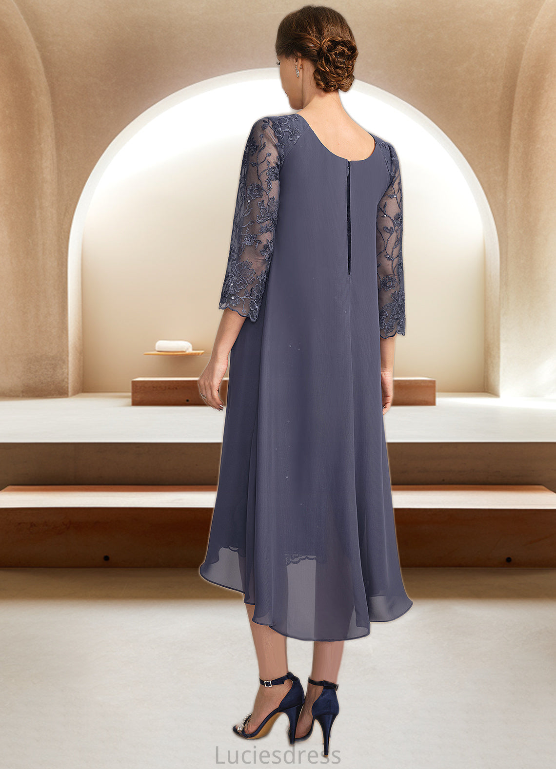 Skylar Sheath/Column Scoop Asymmetrical Chiffon Lace Mother of the Bride Dress With Sequins HFP0021840