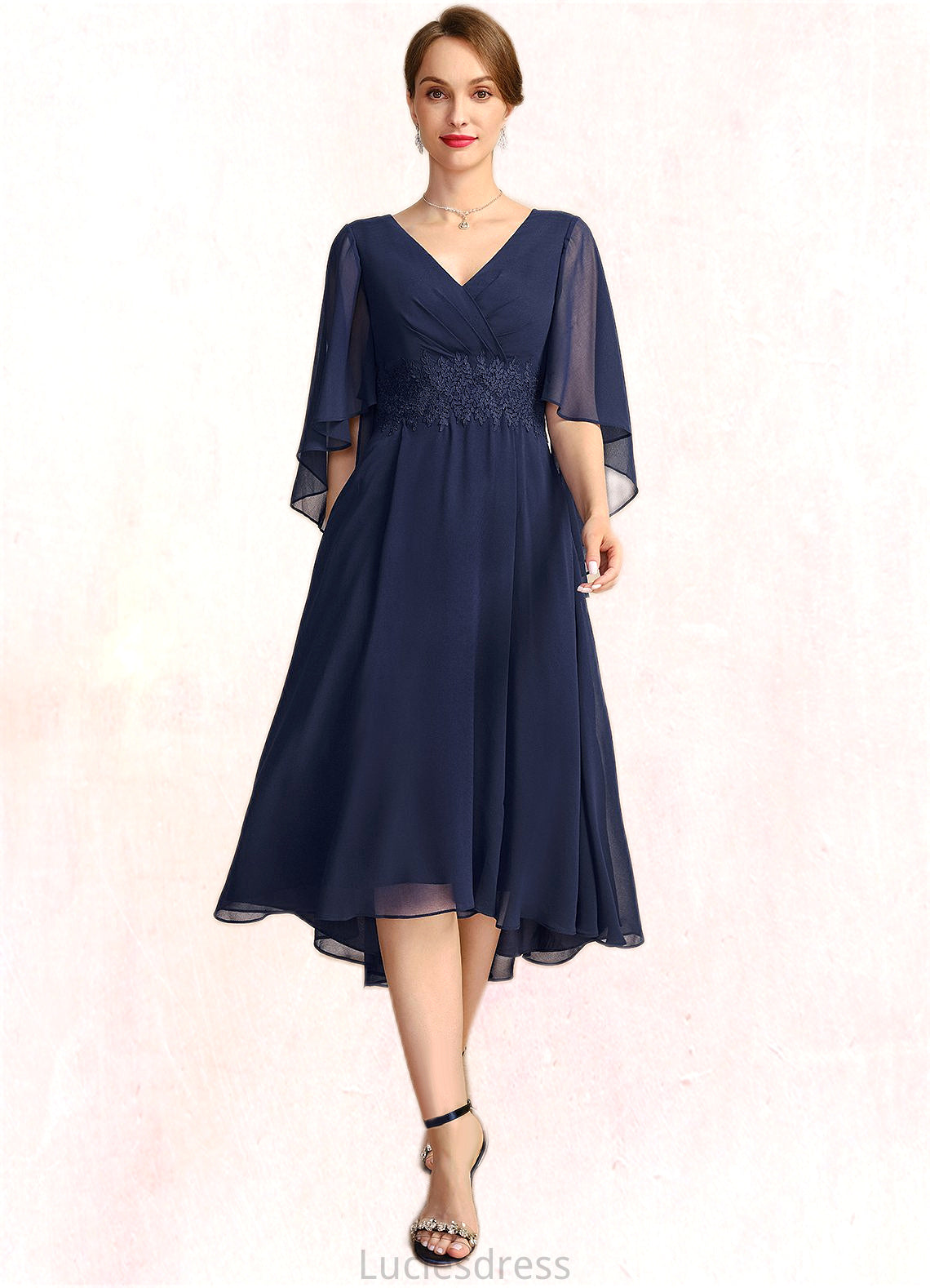 Carley A-line V-Neck Asymmetrical Chiffon Mother of the Bride Dress With Pleated Appliques Lace HFP0021845