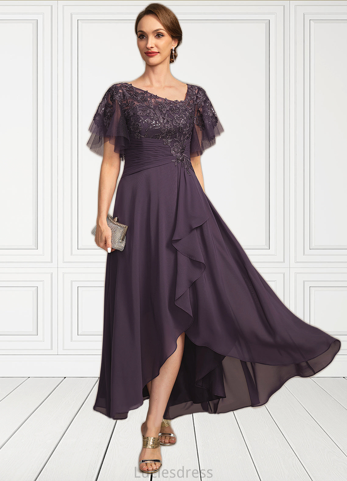 Ryann A-line Asymmetrical Asymmetrical Chiffon Lace Mother of the Bride Dress With Cascading Ruffles Sequins HFP0021846