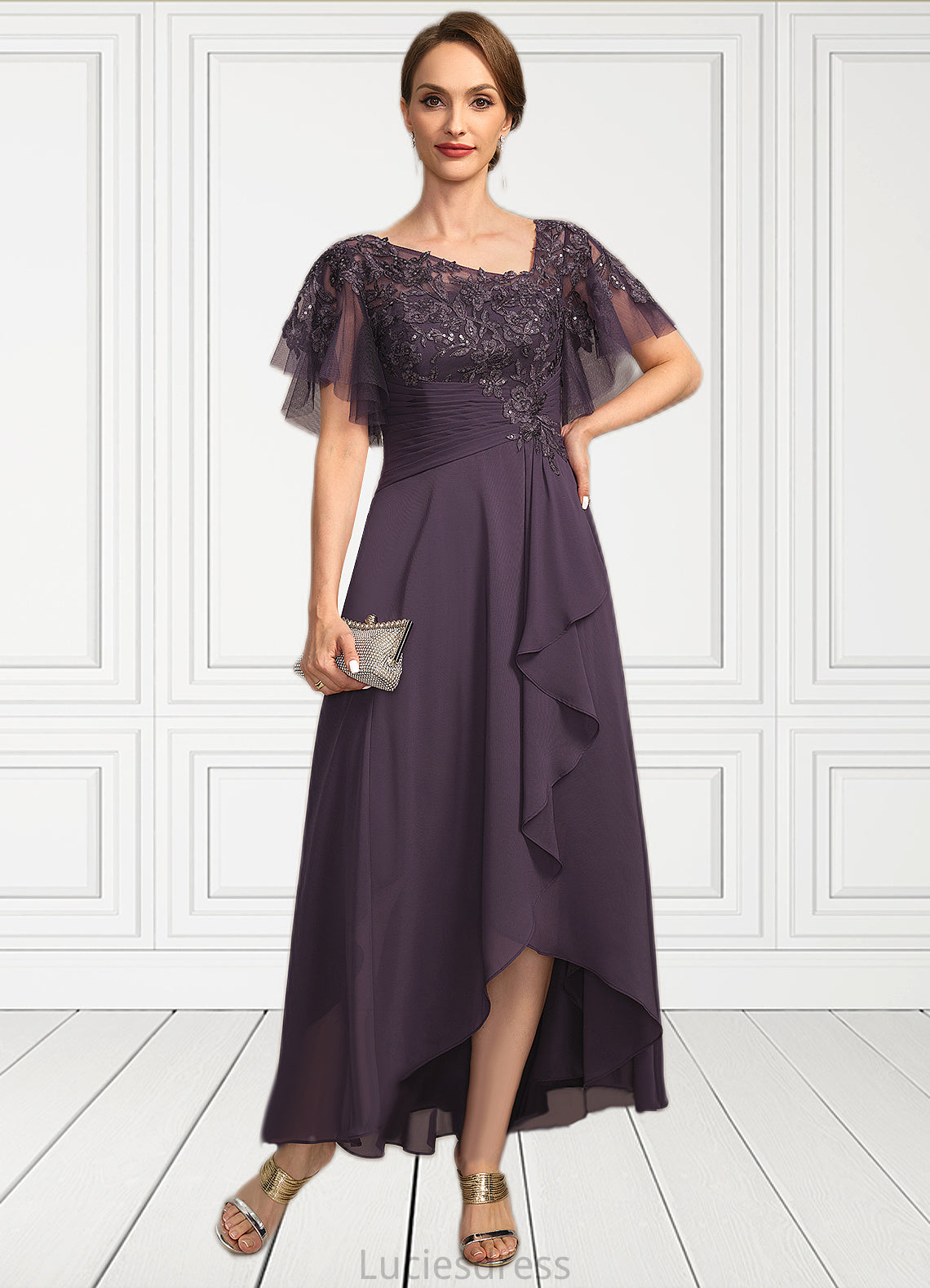 Ryann A-line Asymmetrical Asymmetrical Chiffon Lace Mother of the Bride Dress With Cascading Ruffles Sequins HFP0021846