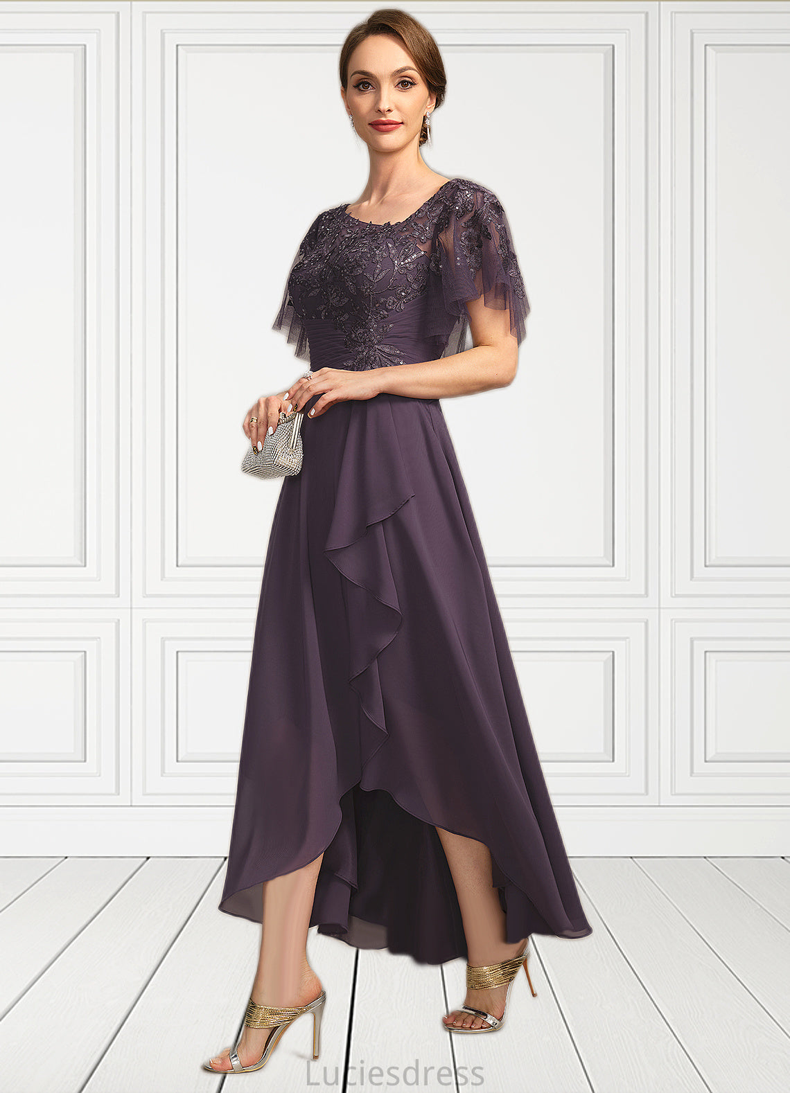 Ryann A-line Asymmetrical Asymmetrical Chiffon Lace Mother of the Bride Dress With Cascading Ruffles Sequins HFP0021846