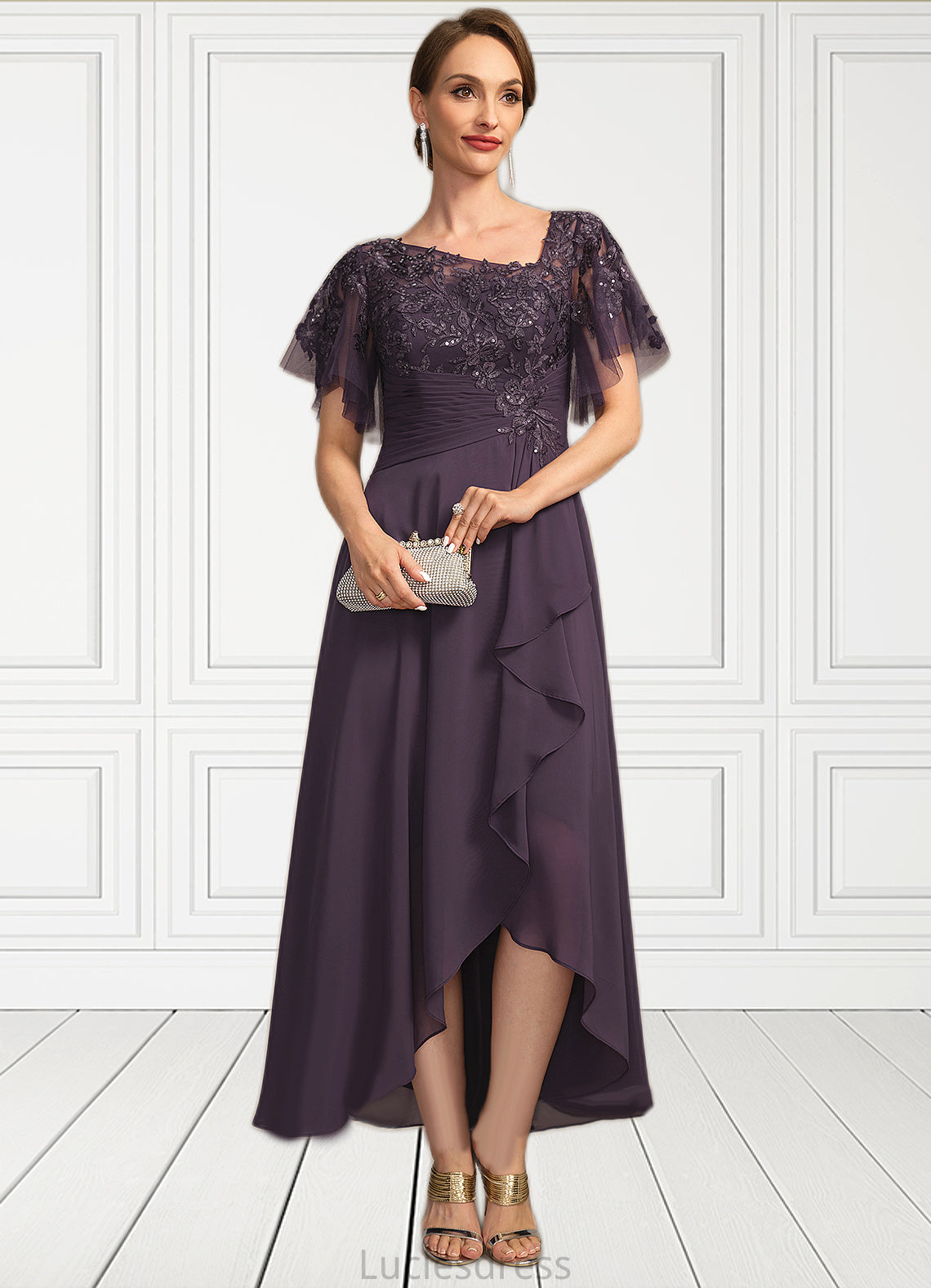 Ryann A-line Asymmetrical Asymmetrical Chiffon Lace Mother of the Bride Dress With Cascading Ruffles Sequins HFP0021846