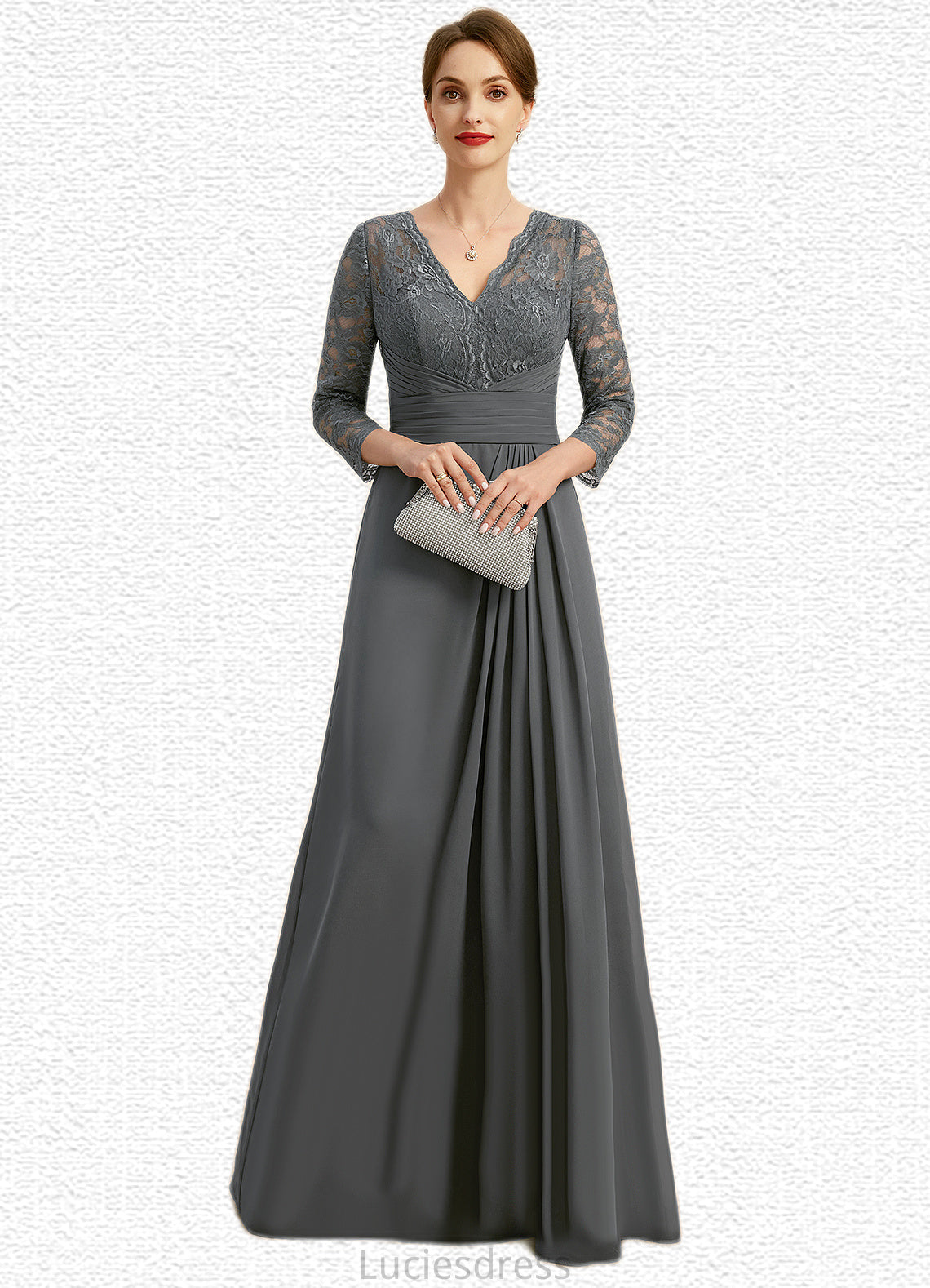 Miracle A-line V-Neck Floor-Length Chiffon Lace Mother of the Bride Dress With Pleated HFP0021850