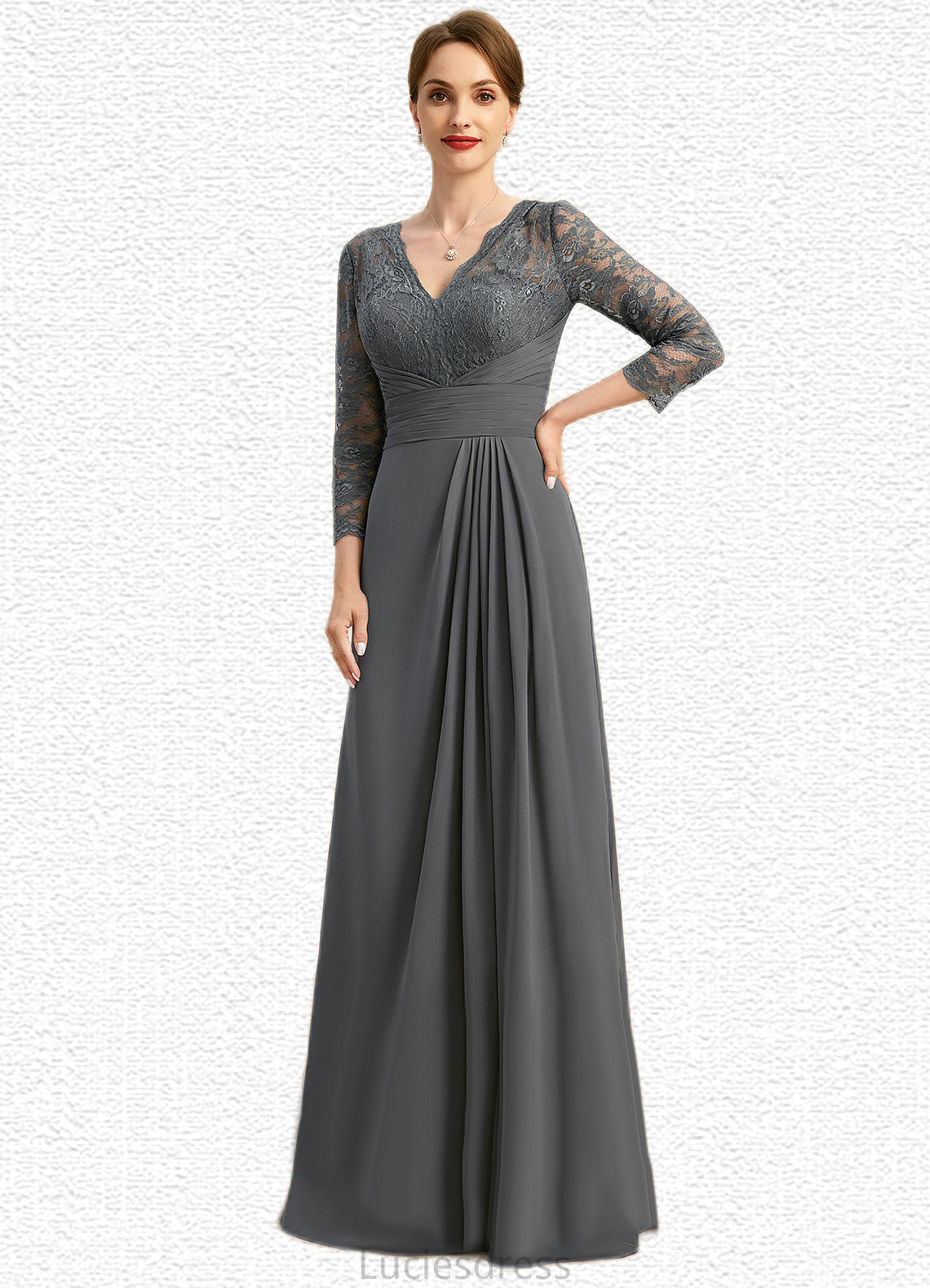 Miracle A-line V-Neck Floor-Length Chiffon Lace Mother of the Bride Dress With Pleated HFP0021850