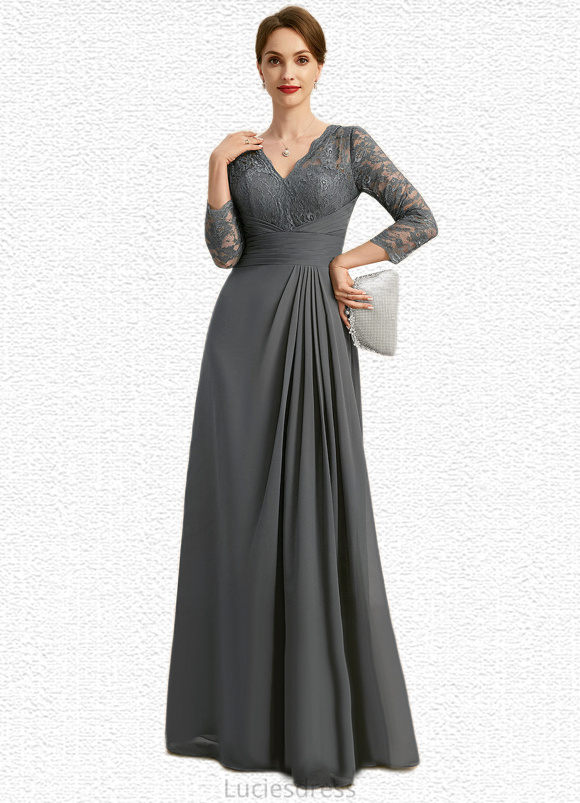 Miracle A-line V-Neck Floor-Length Chiffon Lace Mother of the Bride Dress With Pleated HFP0021850