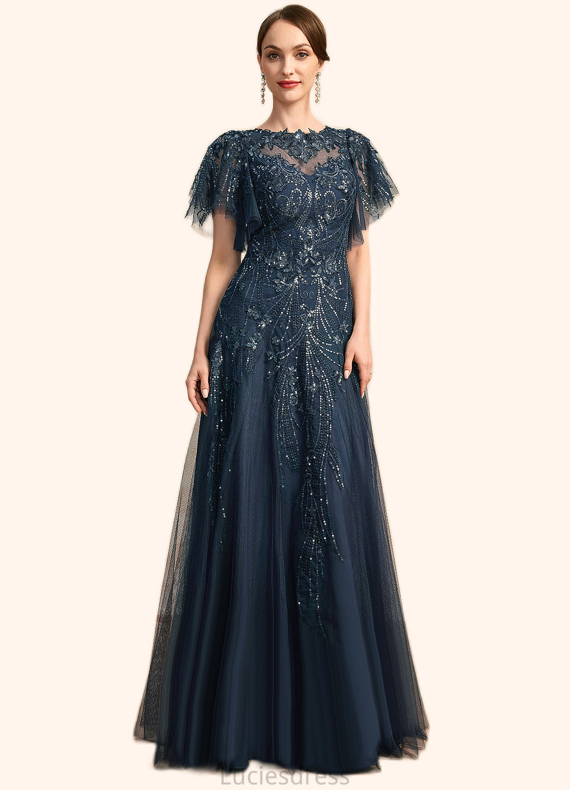 Zariah A-line Scoop Illusion Floor-Length Lace Tulle Mother of the Bride Dress With Sequins HFP0021860