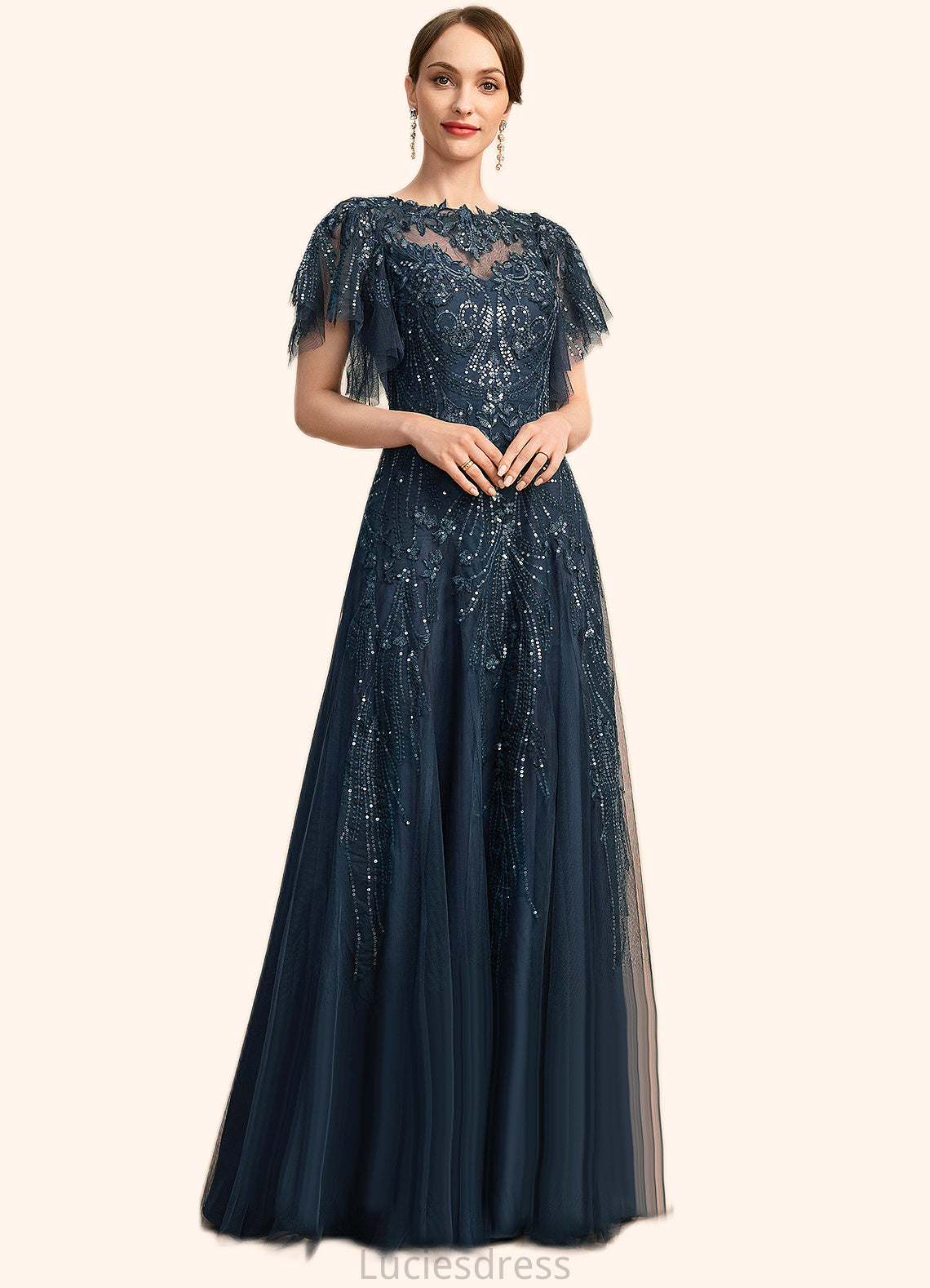 Zariah A-line Scoop Illusion Floor-Length Lace Tulle Mother of the Bride Dress With Sequins HFP0021860