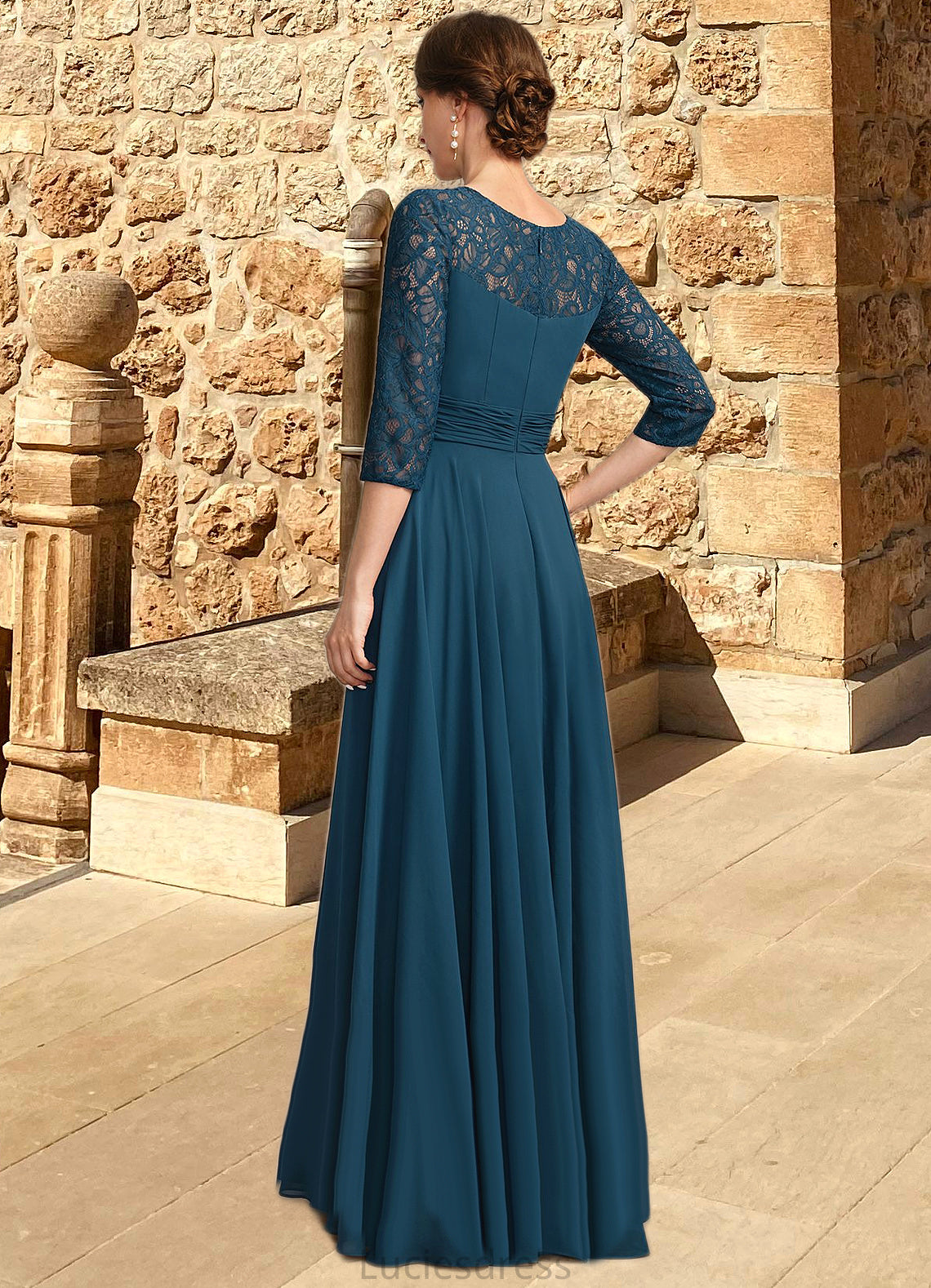 Ellie A-line Scoop Illusion Floor-Length Chiffon Lace Mother of the Bride Dress With Pleated HFP0021866