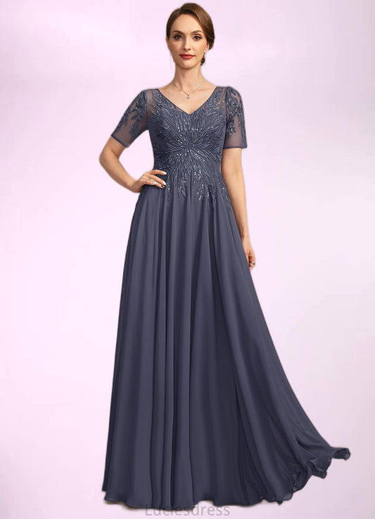 Margery A-line V-Neck Illusion Floor-Length Chiffon Lace Mother of the Bride Dress With Sequins HFP0021867