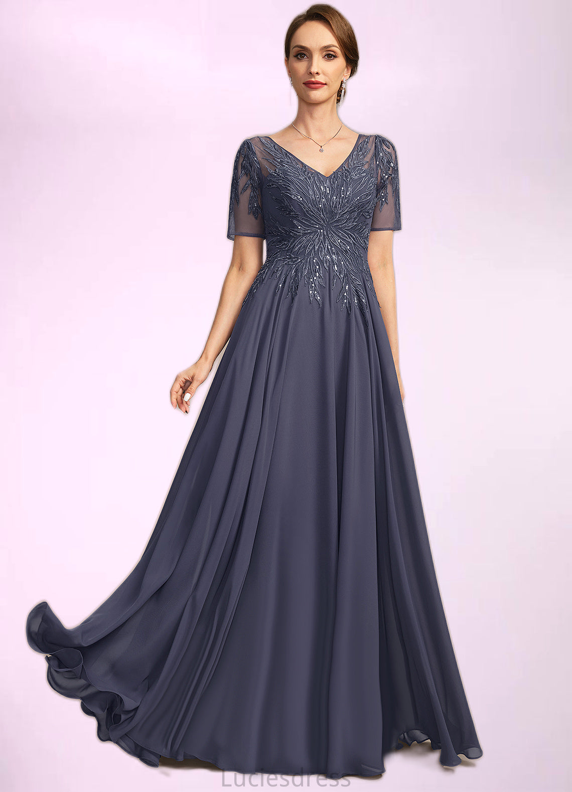 Margery A-line V-Neck Illusion Floor-Length Chiffon Lace Mother of the Bride Dress With Sequins HFP0021867