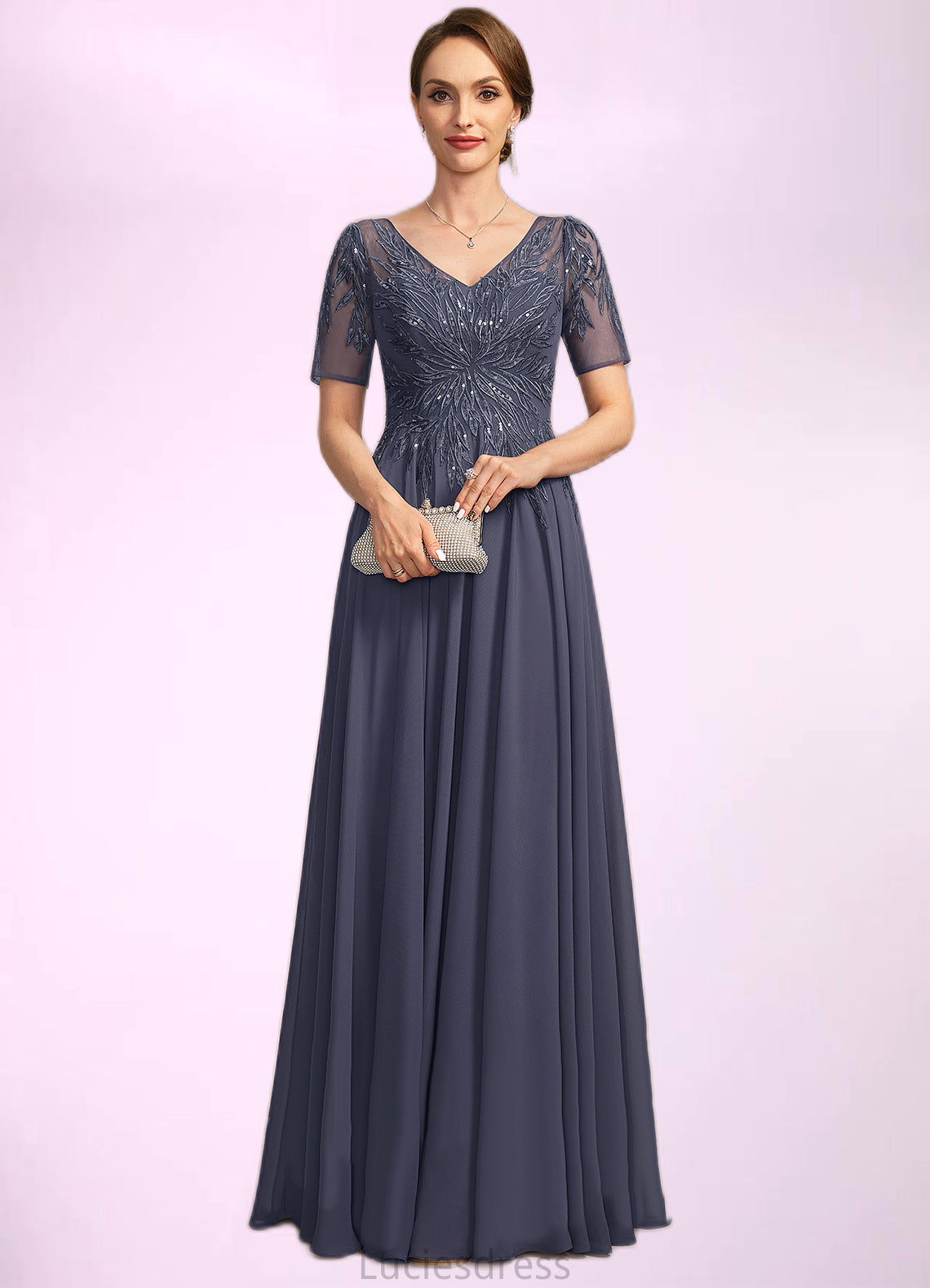 Margery A-line V-Neck Illusion Floor-Length Chiffon Lace Mother of the Bride Dress With Sequins HFP0021867