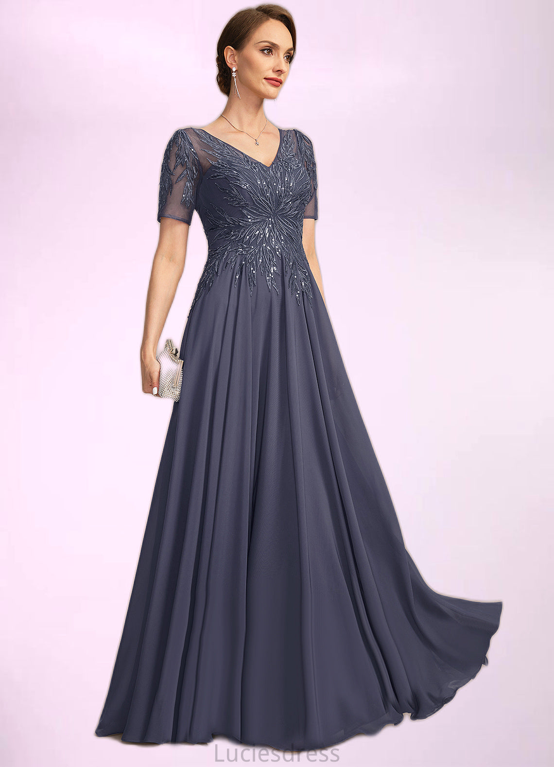 Margery A-line V-Neck Illusion Floor-Length Chiffon Lace Mother of the Bride Dress With Sequins HFP0021867