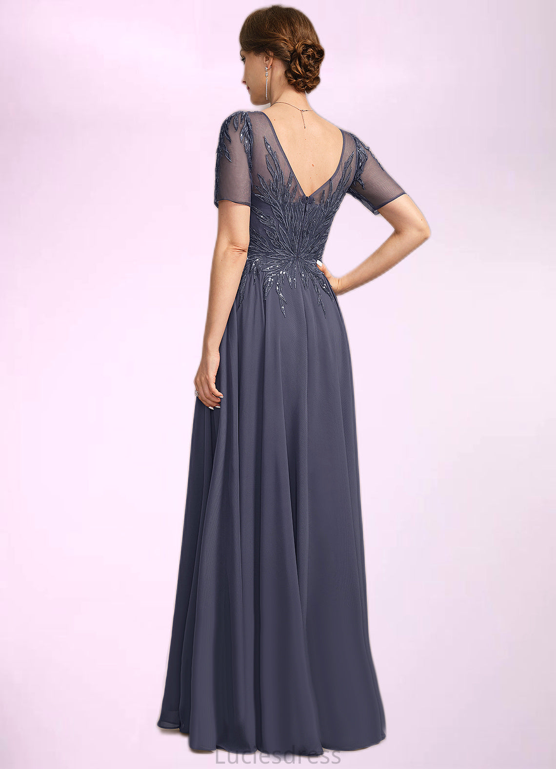 Margery A-line V-Neck Illusion Floor-Length Chiffon Lace Mother of the Bride Dress With Sequins HFP0021867