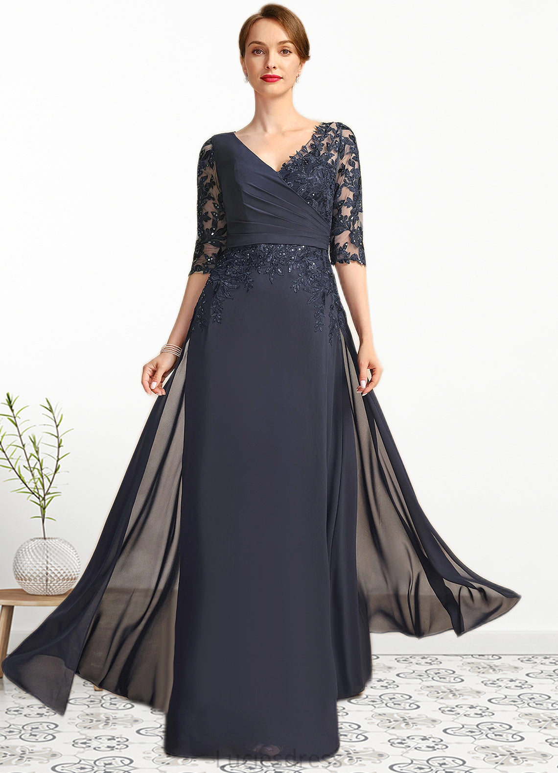 Nayeli A-line V-Neck Floor-Length Chiffon Lace Mother of the Bride Dress With Pleated Sequins HFP0021880