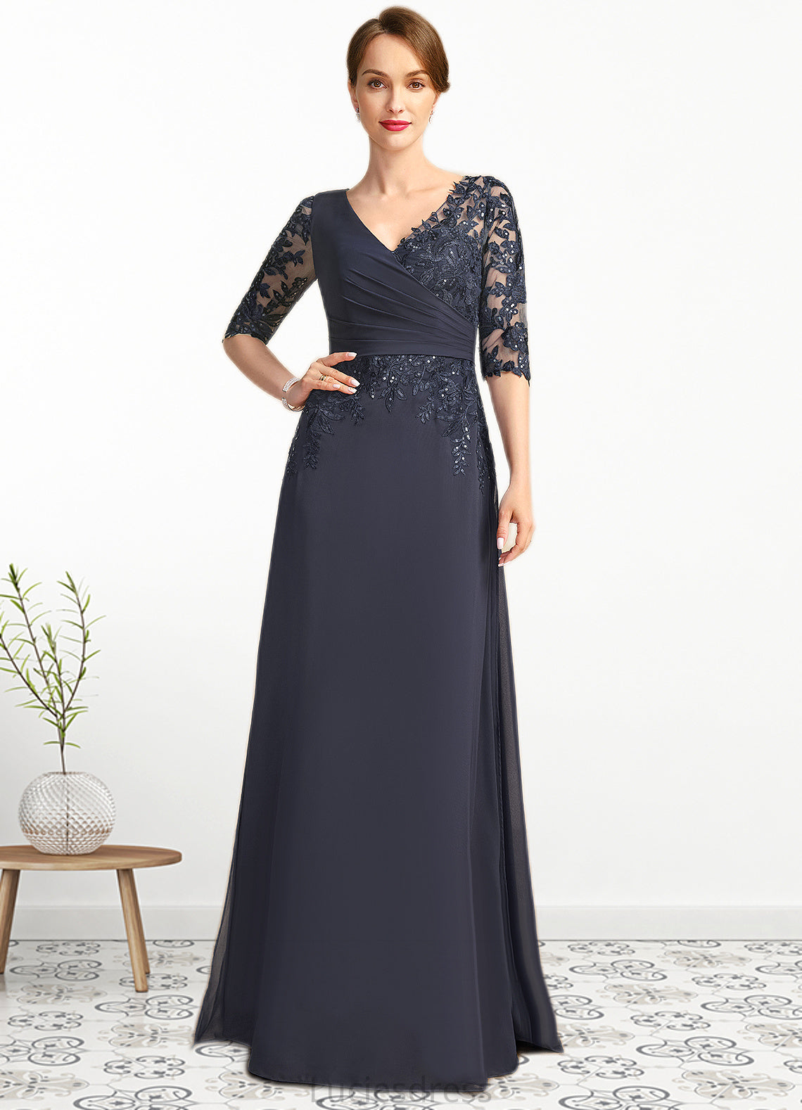 Nayeli A-line V-Neck Floor-Length Chiffon Lace Mother of the Bride Dress With Pleated Sequins HFP0021880