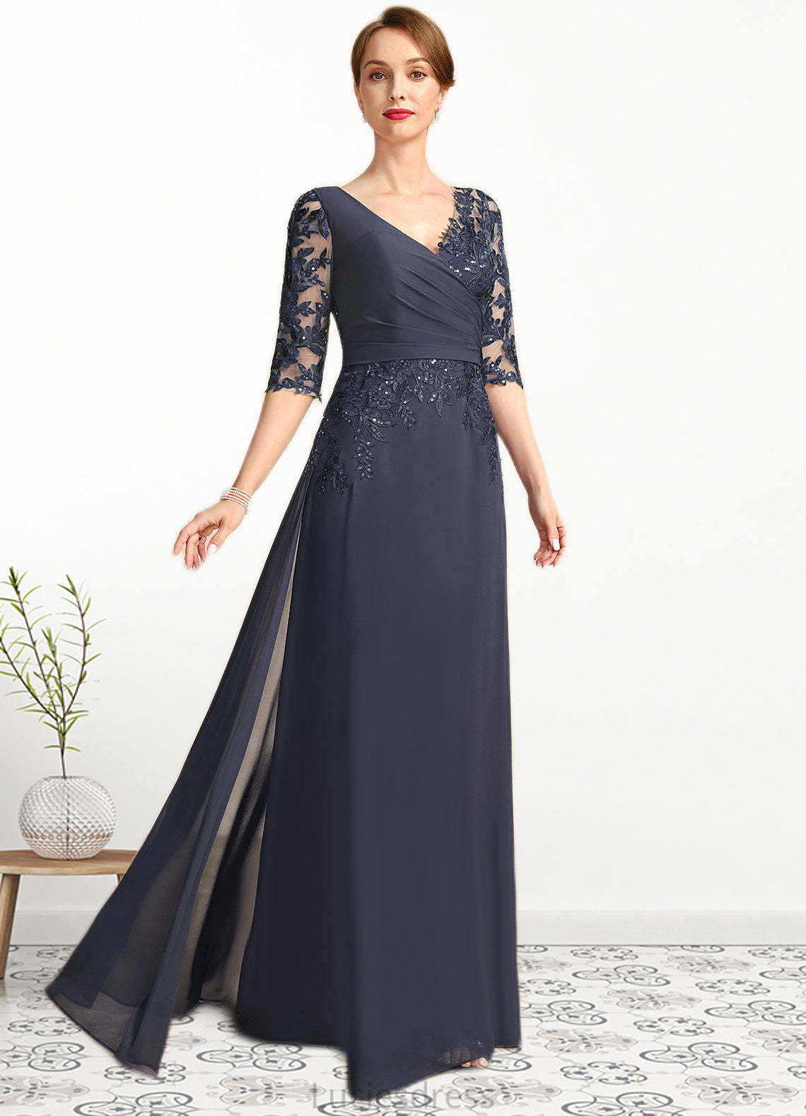 Nayeli A-line V-Neck Floor-Length Chiffon Lace Mother of the Bride Dress With Pleated Sequins HFP0021880