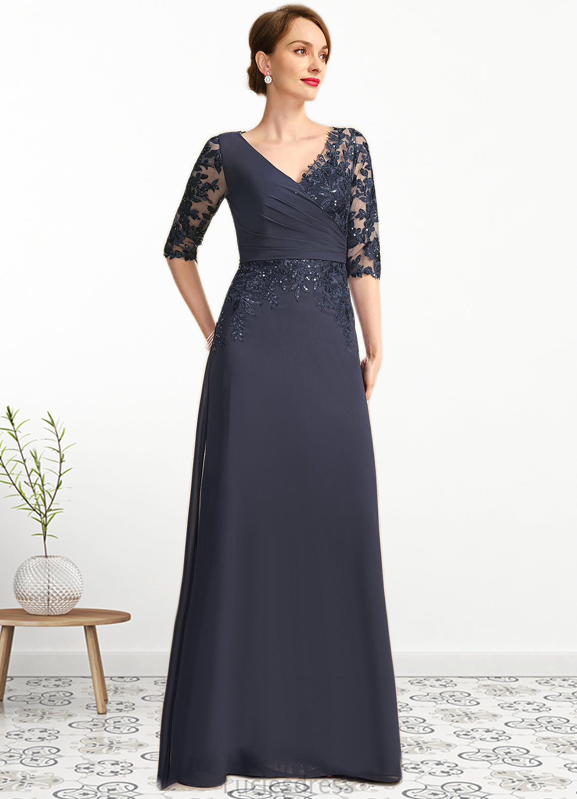 Nayeli A-line V-Neck Floor-Length Chiffon Lace Mother of the Bride Dress With Pleated Sequins HFP0021880