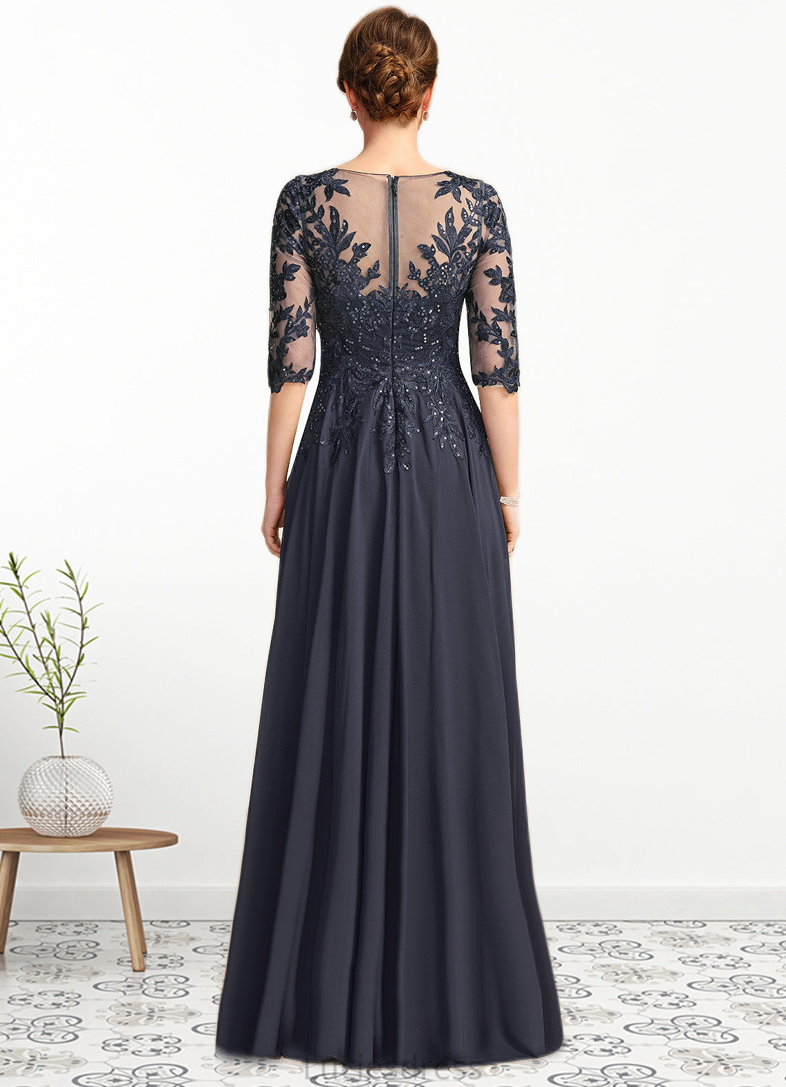 Nayeli A-line V-Neck Floor-Length Chiffon Lace Mother of the Bride Dress With Pleated Sequins HFP0021880