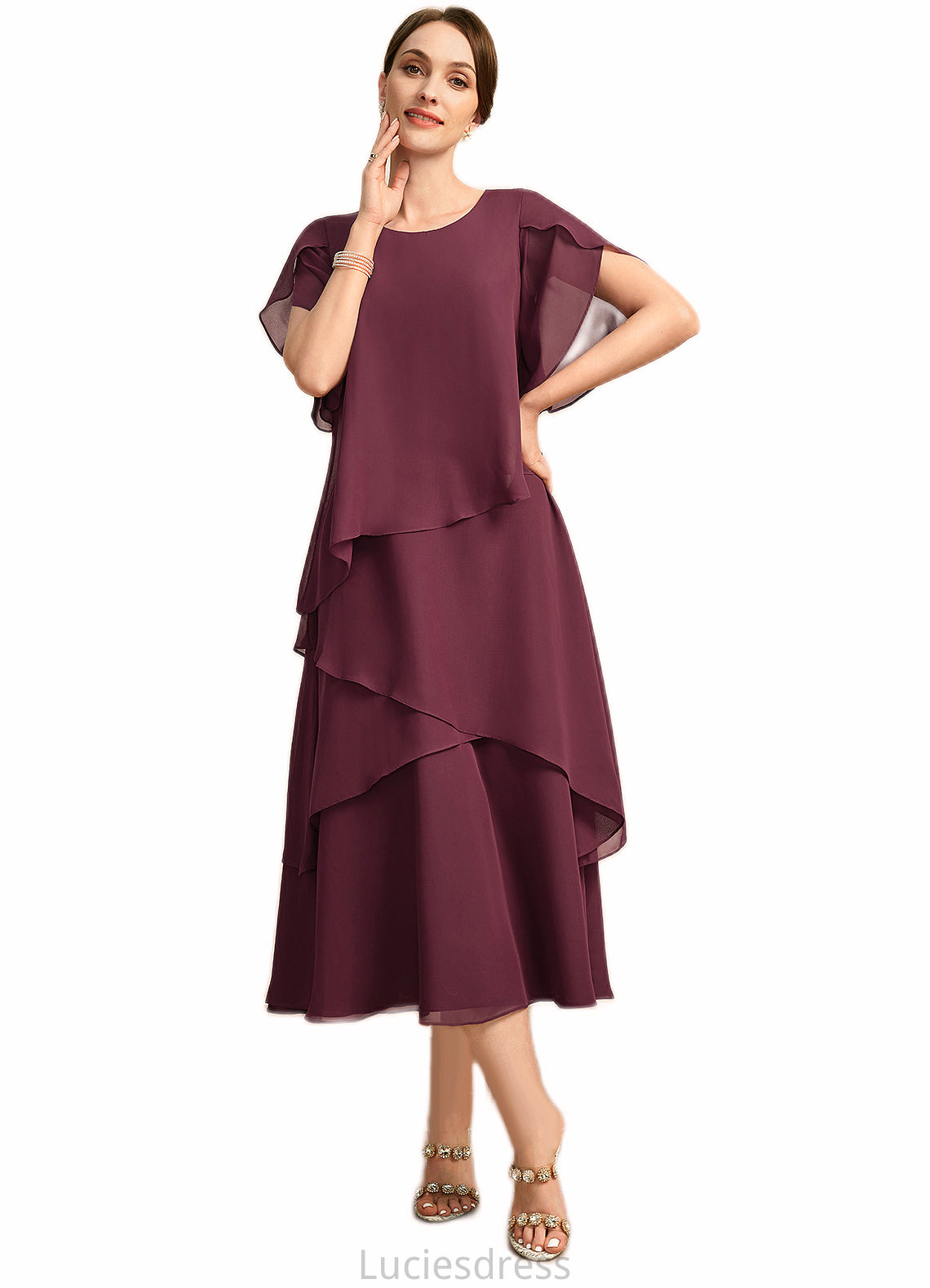 Kaylin A-line Scoop Tea-Length Chiffon Mother of the Bride Dress HFP0021886