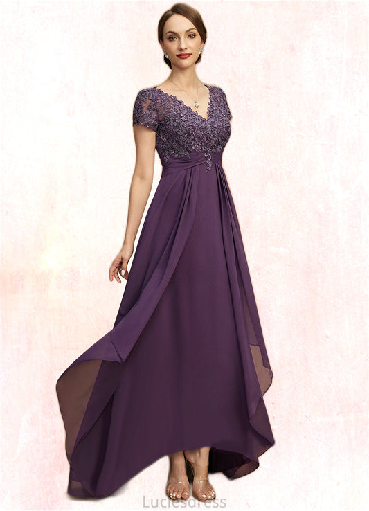 Genevieve A-line V-Neck Asymmetrical Chiffon Lace Mother of the Bride Dress With Cascading Ruffles HFP0021899