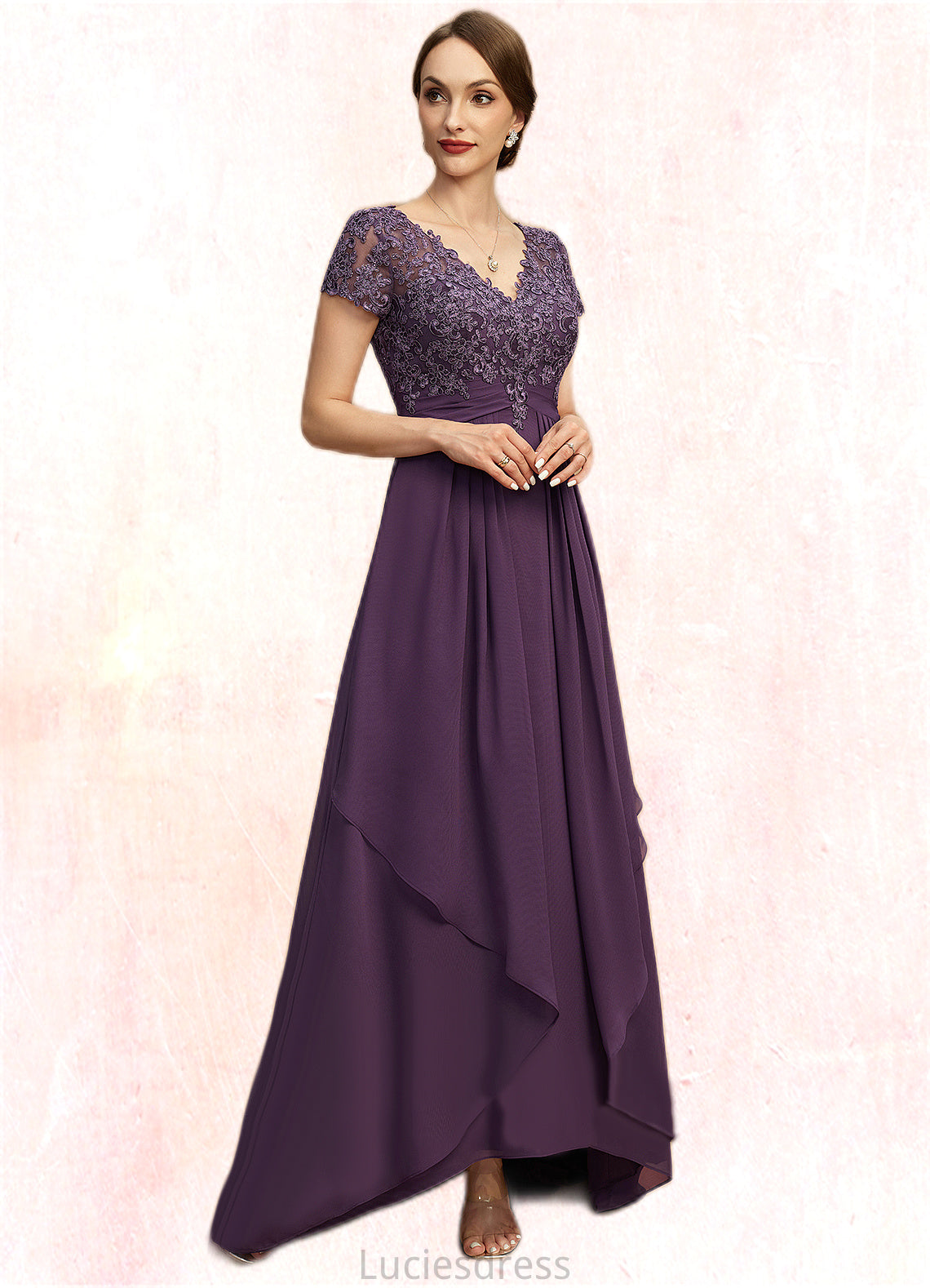 Genevieve A-line V-Neck Asymmetrical Chiffon Lace Mother of the Bride Dress With Cascading Ruffles HFP0021899