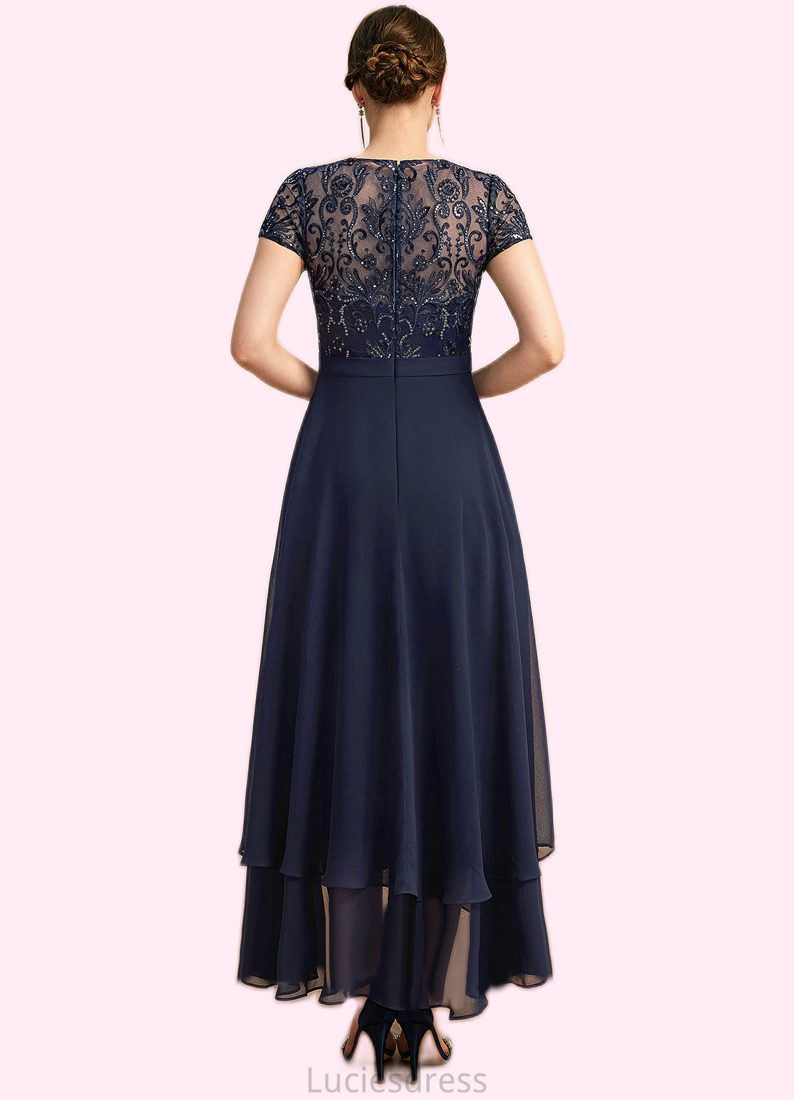 Kathleen A-line Scoop Illusion Asymmetrical Chiffon Lace Mother of the Bride Dress With Sequins HFP0021902