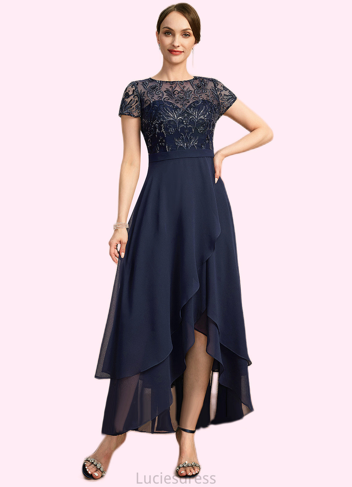 Kathleen A-line Scoop Illusion Asymmetrical Chiffon Lace Mother of the Bride Dress With Sequins HFP0021902