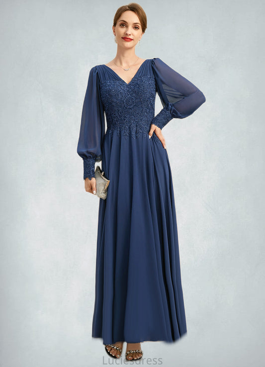 Angeline A-line V-Neck Ankle-Length Chiffon Lace Mother of the Bride Dress With Pleated HFP0021908